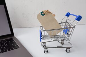 Mockup for Black Friday or cyber Monday sale with grocery cart and laptop